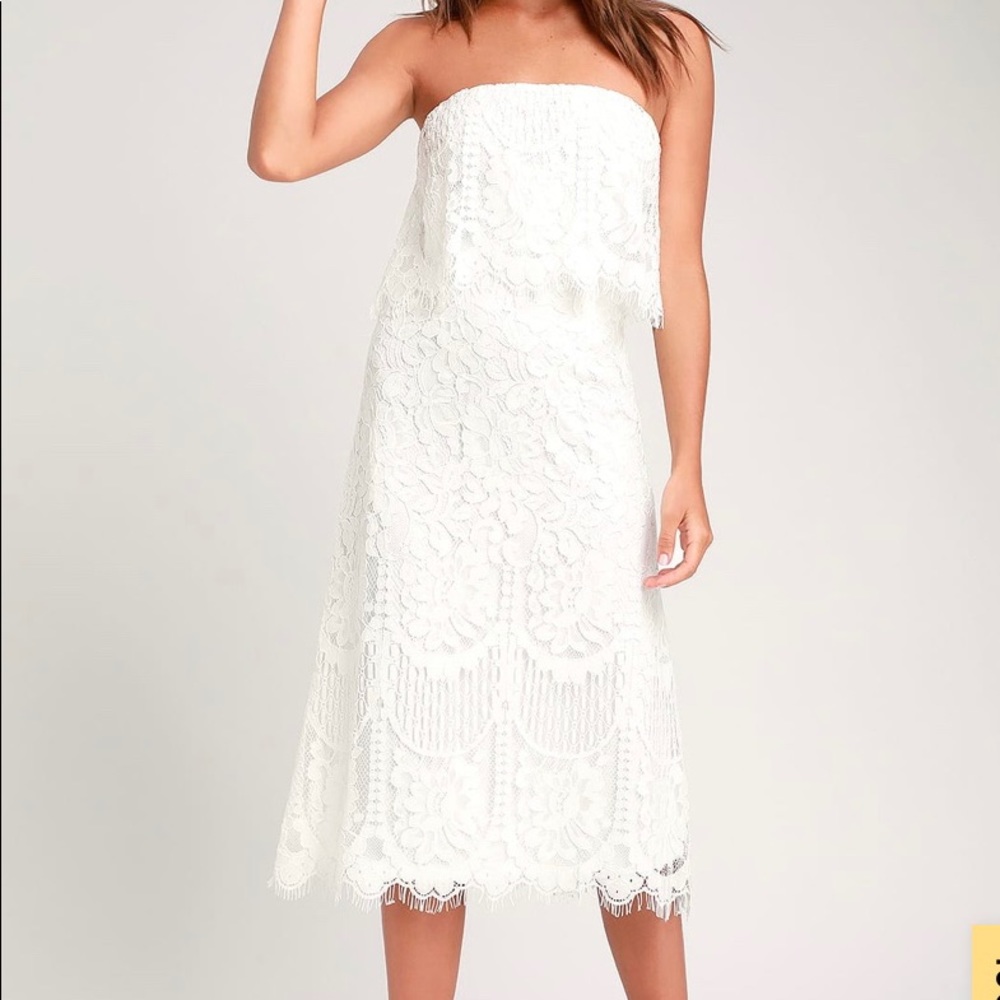 White Lace Strapless Midi Dress
